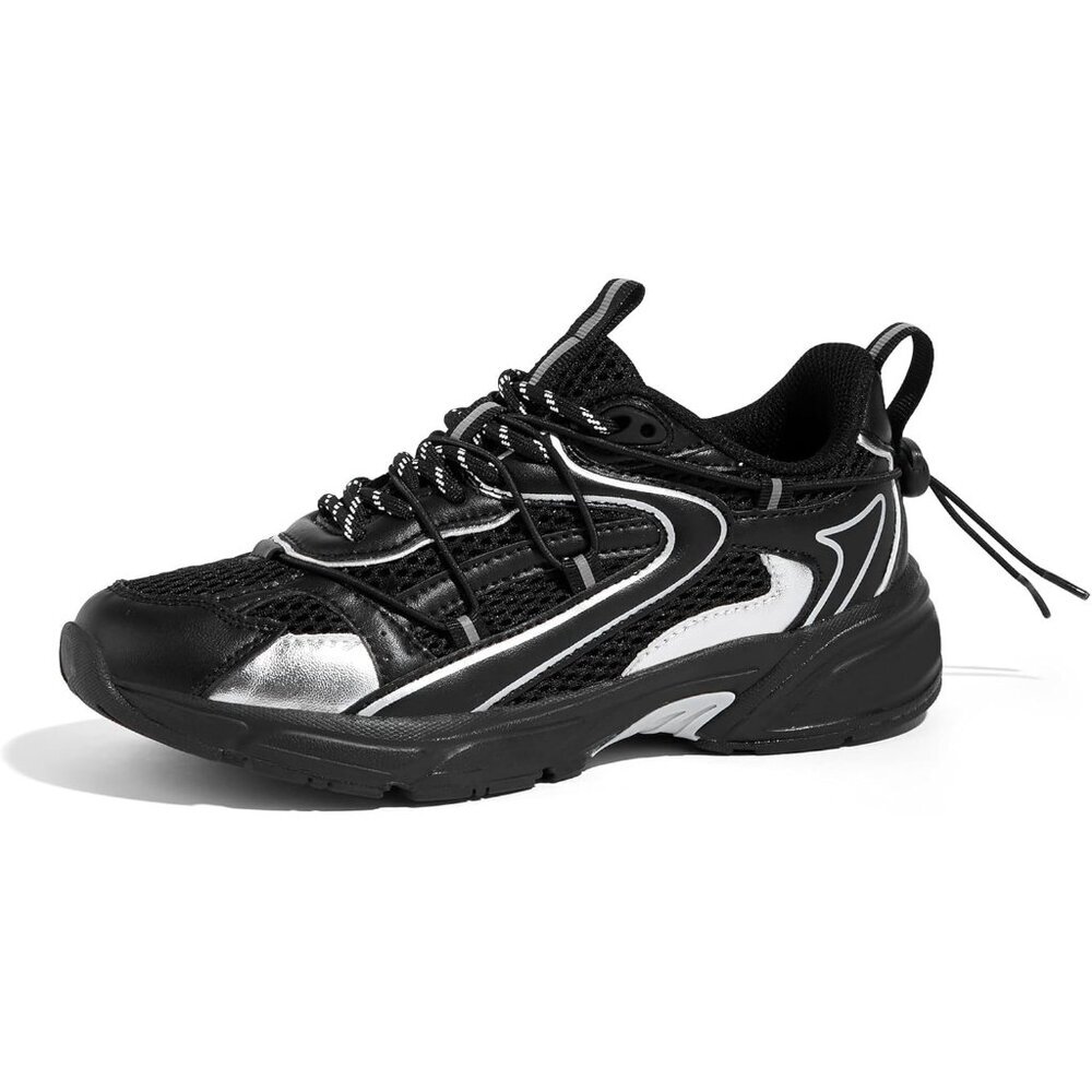 Lucky Step Women's Black Silver Walking Shoes Running Platform Mesh Casual
